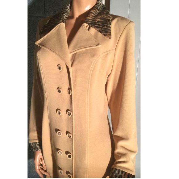 VTG ALGO Poly Knit Double Breasted Leopard Faux Fur Trimmed Collared Peacoat~10 - Picture 8 of 11
